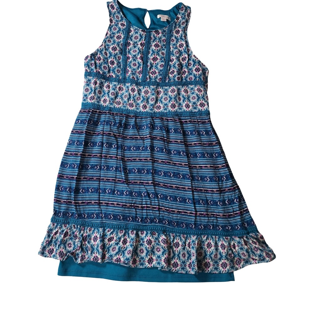 Xhilaration‎ Girls Teal Blue Boho Geometric Tiered Ruffle Dress Size L 10/12
